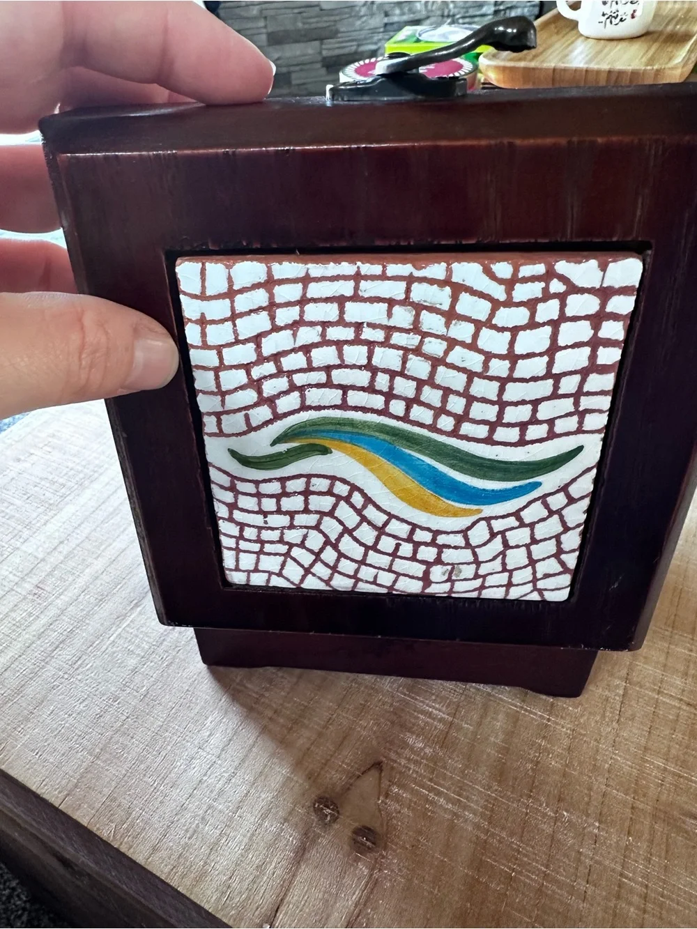 Handcrafted Dark Wood Jewelry Box with Decorative Tile